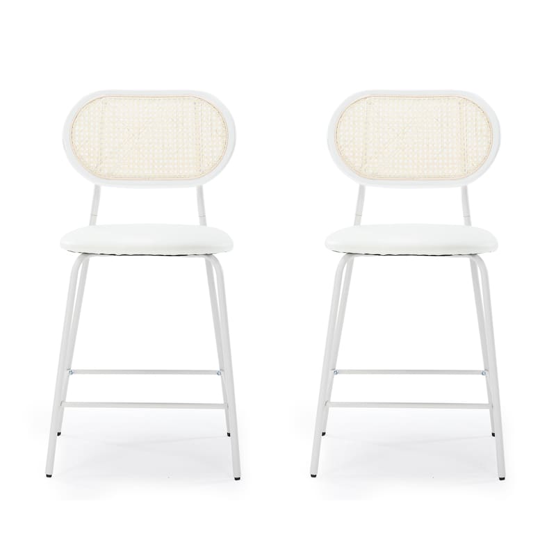 24 in. Rattan Counter Height Bar Stools with Faux Leather Seat (set of 2)