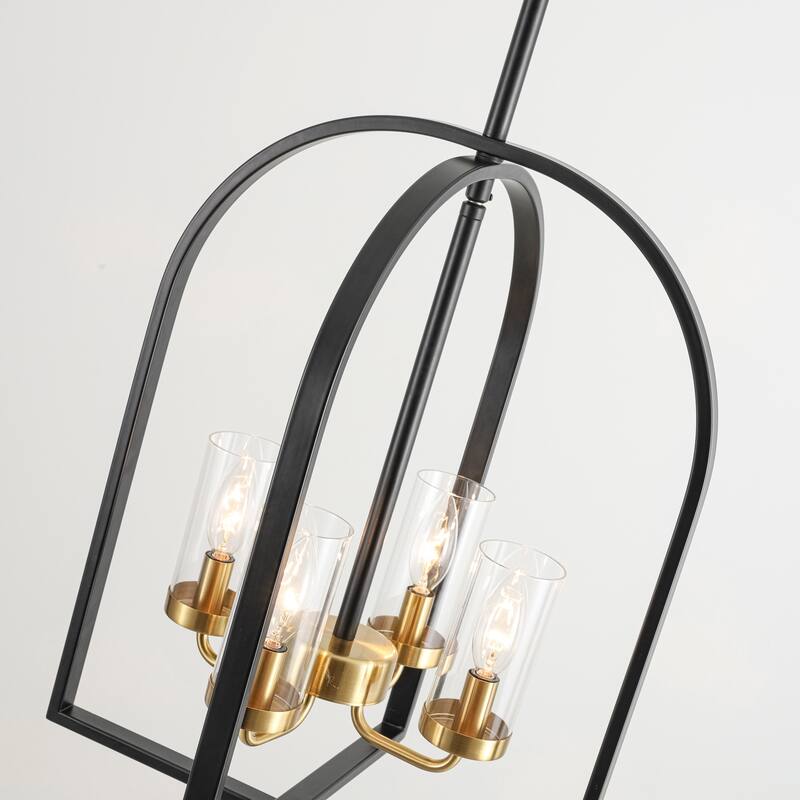 4-Light Farmhouse Industrial Matte Black Lattern Cage Chandelier with Clear Glass Tube for Use in Kitchen Island, Dining Room