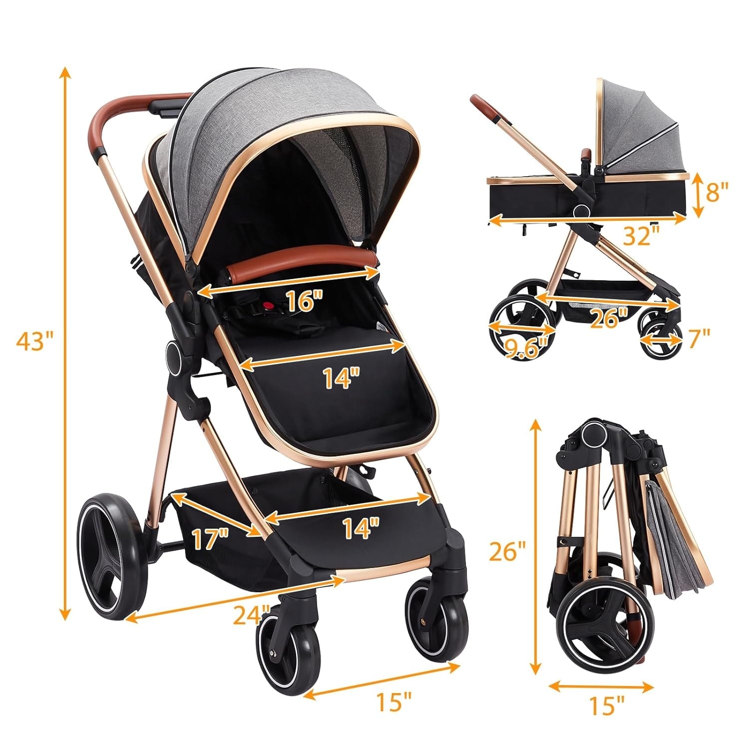 3-in-1 Reversible Baby Stroller with Adjustable Backrest and Canopy