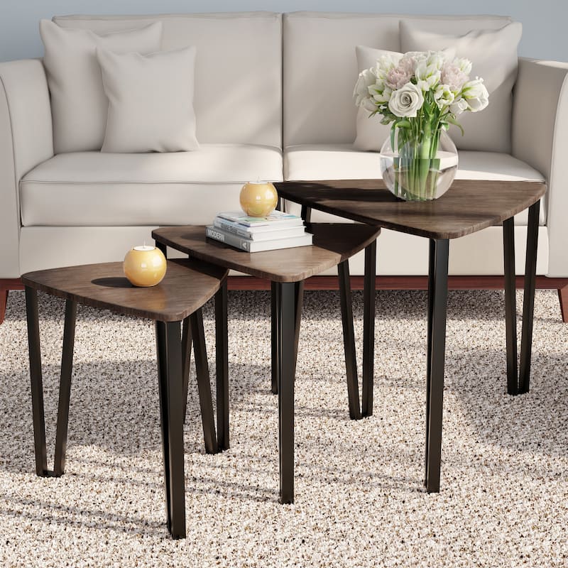 Lavish Home Set of 3 Modern Nesting Tables, Brown - Brown Woodgrain - MDF