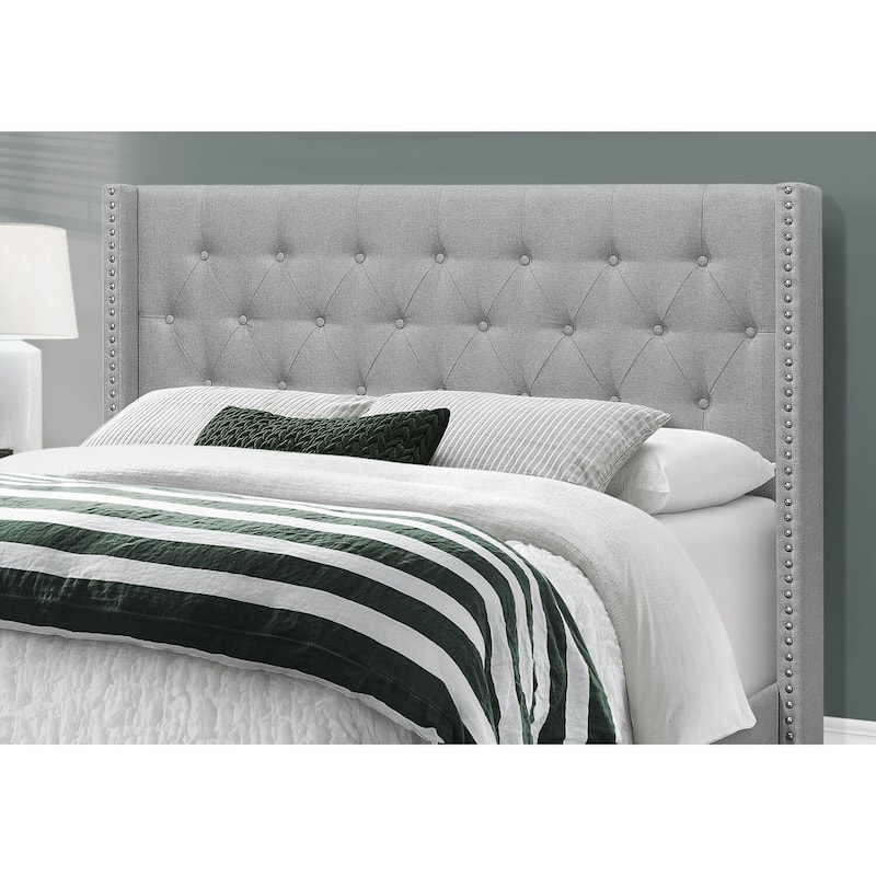 Modern Velvet Bed Frame Queen Size - Upholstered Platform Bed with Wood Legs - Grey Linen Bedroom Furniture