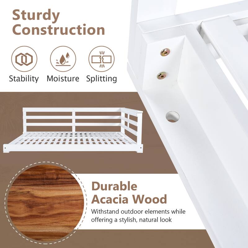 Topmax Acacia Wood Porch Swing Bed For Outdoor With Hemp Ropes - Full Size Patio Hanging Bed (Excluding the table)