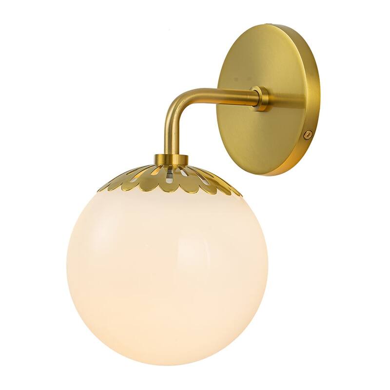 1-Light Aged Brass Milky Glass Globe Wall Sconce - Dimmable