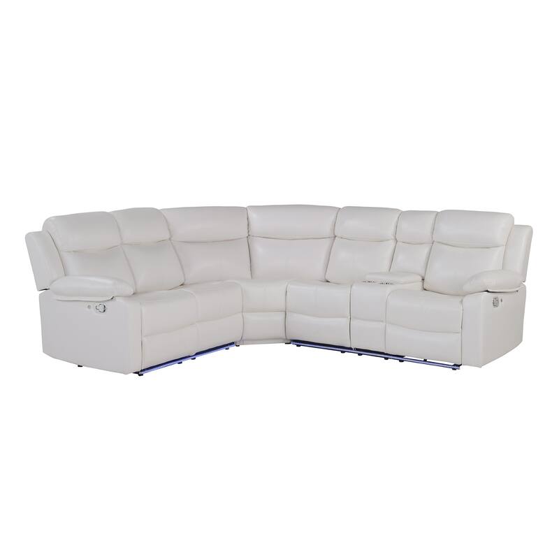 HomeRoots Off White Faux Leather Reclining Curved Six Piece Sectional With LED And Console