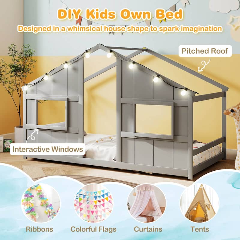 Costway Twin Size House Floor Bed with LED Lights Solid Wood Bed Frame