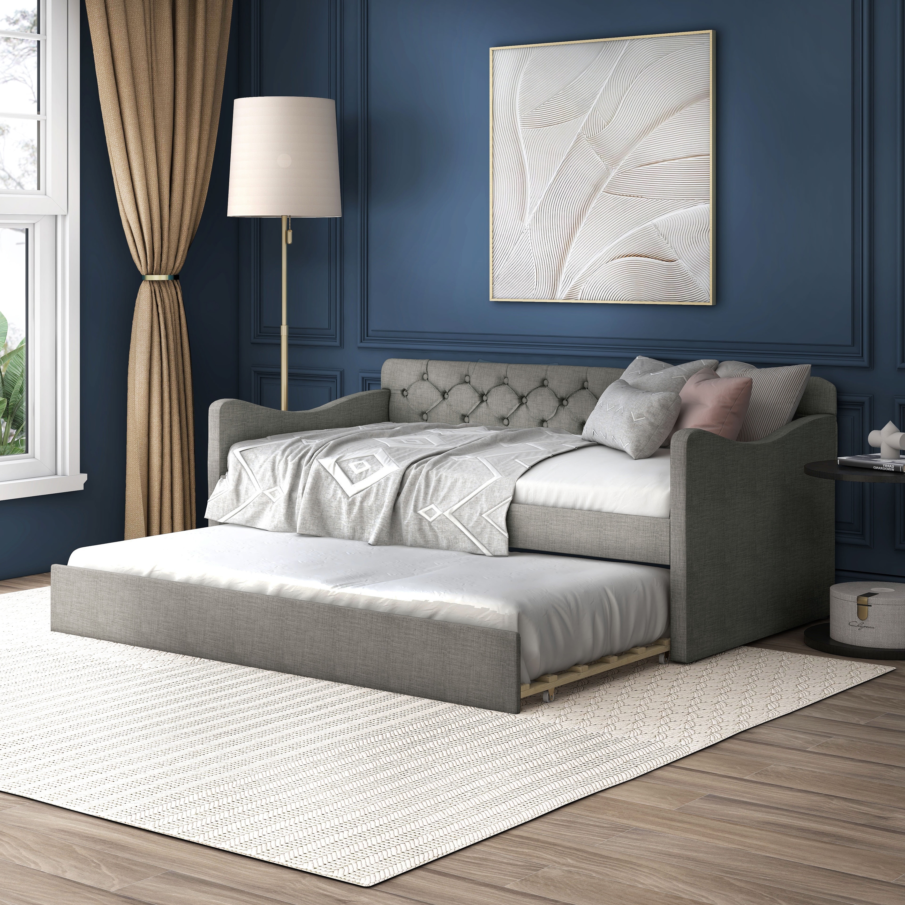 Furniture of America Exodel Contemporary Twin Upholstered Tufted Day Bed with Trundle