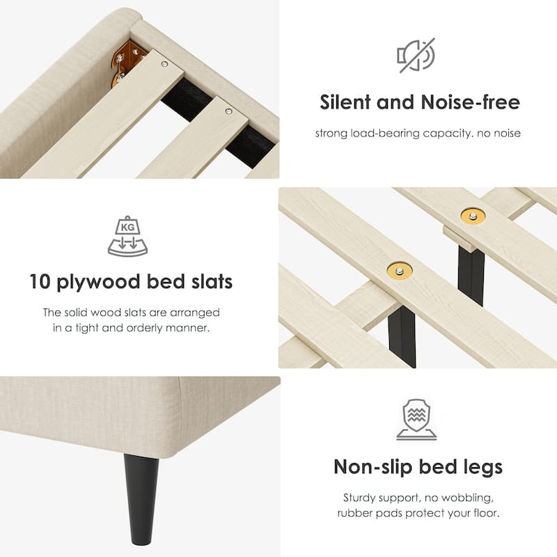 Sturdy Quiet Queen Bed Frame with Storage, No Box Spring Needed, Beige