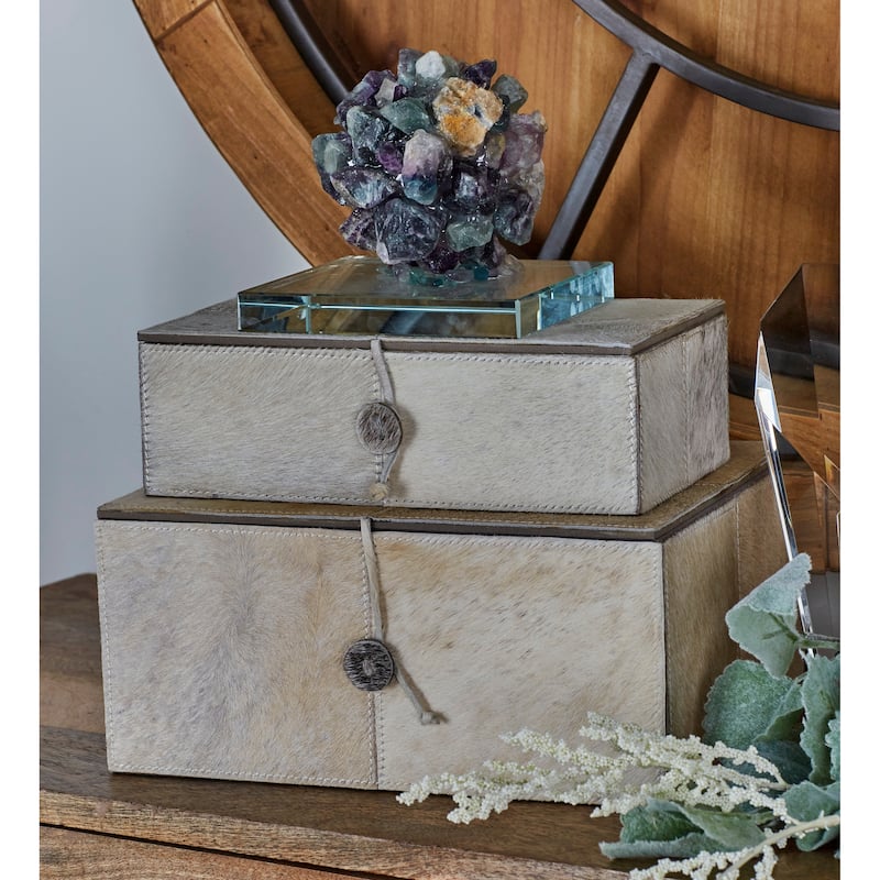 Gray Leather Handmade Box with Hinged Lid (Set of 2) - White or Gold - White