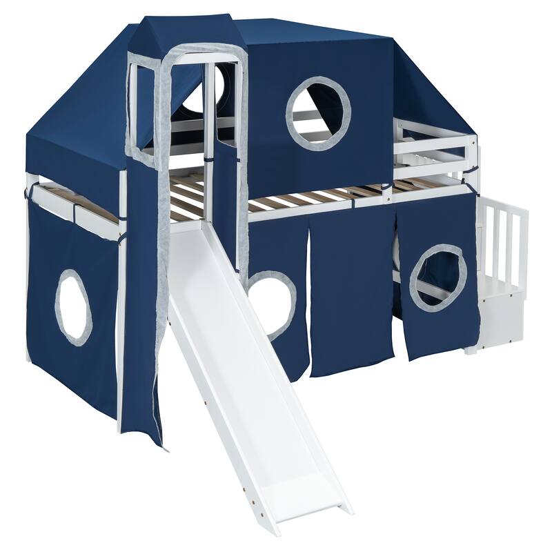 Blue Twin Loft Bed with Tent, Tower, and Playhouse Design for Kids