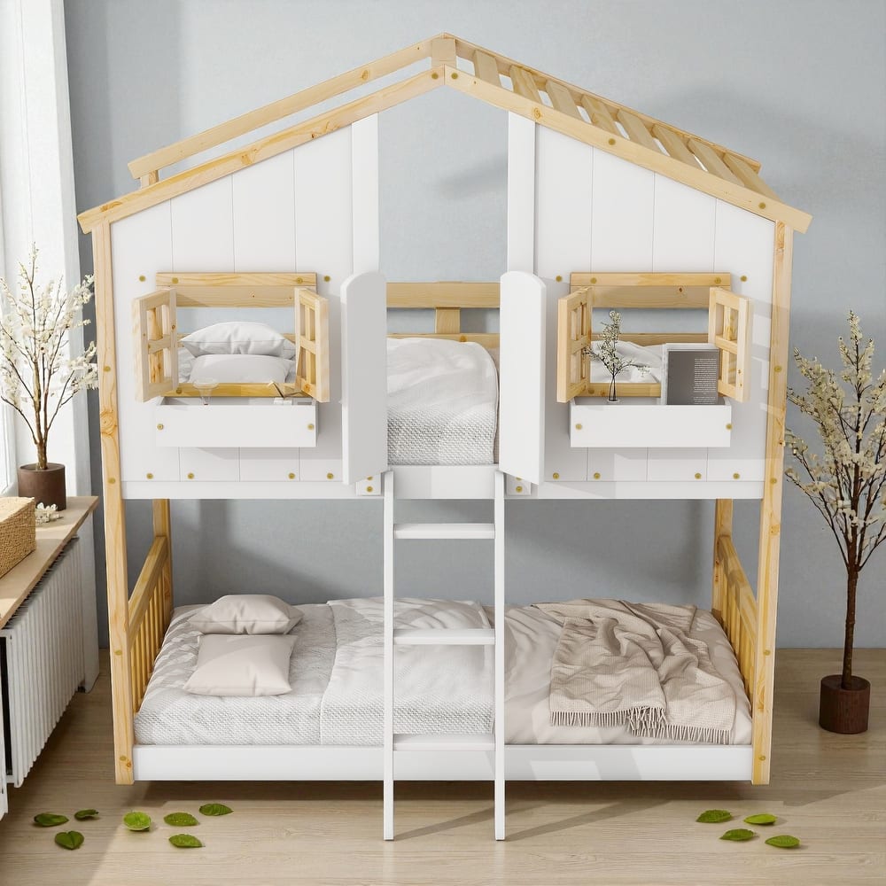 Twin Over Twin Wooden House Bunk Bed with Roof, Windows, Door, and Ladder, Kids Playhouse Bed with Guardrails