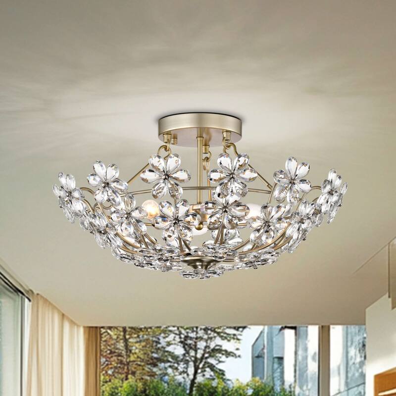 Rosa Glam 3-Light 20" Daisy Crystal Glass Flower Blossom Flush Mount - Brushed Silver-ish Champagne