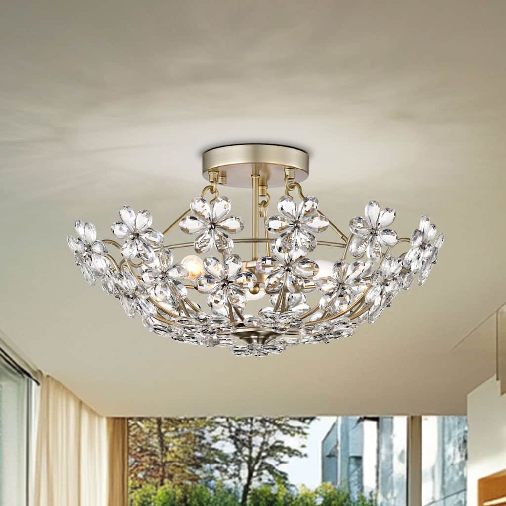 Rosa Glam 3-Light 20" Daisy Crystal Glass Flower Blossom Flush Mount - Brushed Silver-ish Champagne