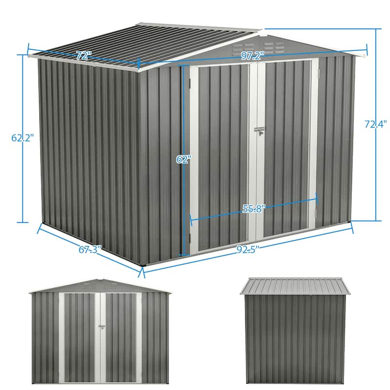 8x6 FT Waterproof Outdoor Shed with Metal Floor & Lock, Gray Tool Storage