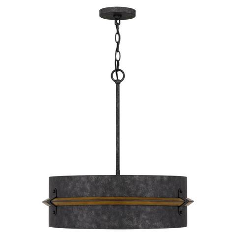 Lariat 3-Light Old Black Drum Pendant Light with Wooden Trim
