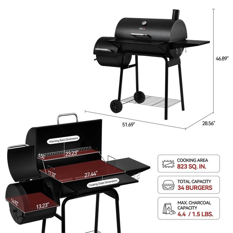 Royal Gourmet CC1830S Charcoal Grill with Offset Smoker,Black