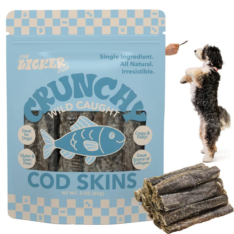 THE LICKER STORE Gluten and Grain-Free Omega-3 Single Ingredient Crunchy Dried Fish Treats for Dogs, 3oz Bag - N/A - Cod Skin (Dogs Only)