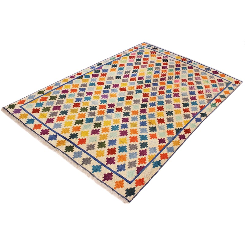 Eclectic Balochi Pace Beige/Blue Hand Knotted Wool Rug - 4'10'' x 6'6''