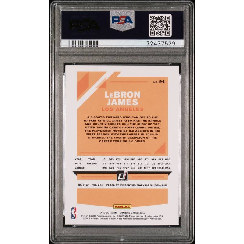 LeBron James 2019 Panini Donruss Basketball Card #94 Graded PSA 10 - 8'6" x 11'6"