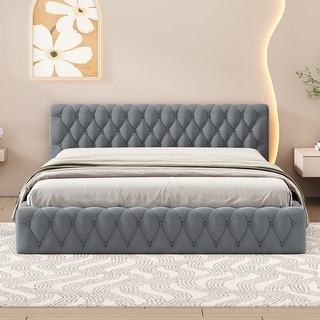 Queen Size Velvet Upholstered Platform Bed,with Luxurious Diamond Grid Headboard,Gray