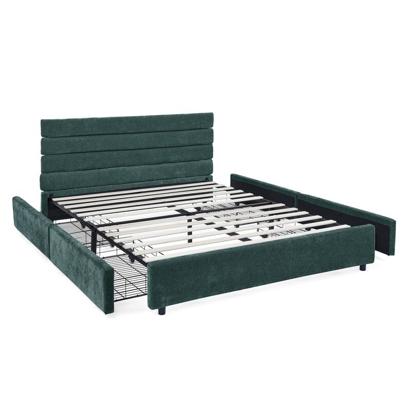 Queen Size Modern Upholstered Bed Frame with Headboard and Drawers