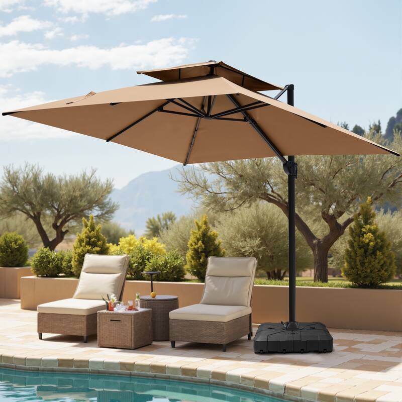 Pellebant Outdoor 10x10 FT Square Cantilever Patio Umbrella 360 Degree Rotation with HDPE Base - Tan