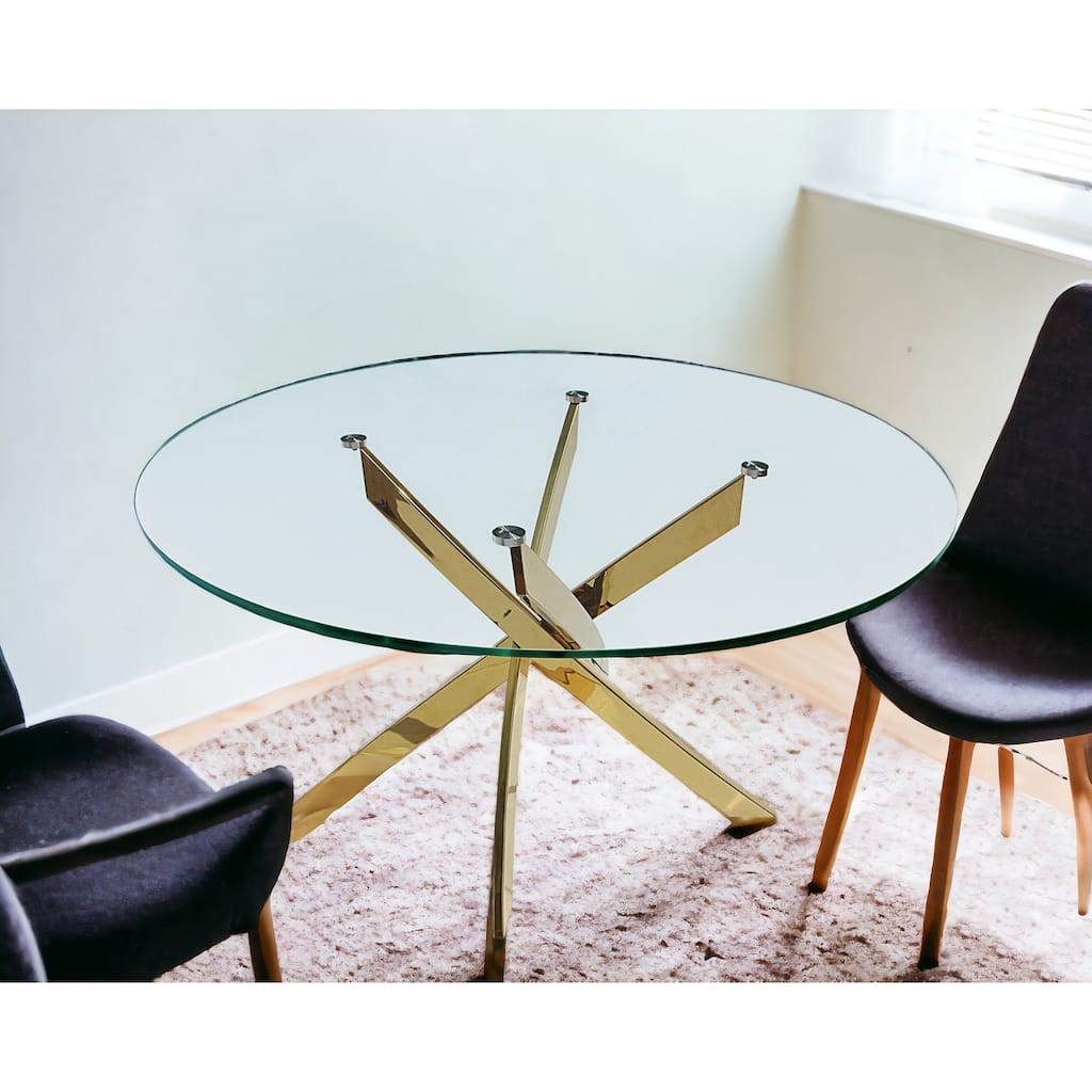 HomeRoots 54" Clear and Gold Glass and Metal Cross Leg Base Round Top Dining Table - 54.00 in. x 30.00 in. x 54.00 in.