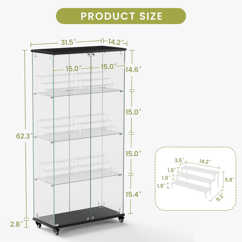 4 Tier Glass Display Cabinet, Double Door Glass Cabinet with Two Locks, Floor Standing Storage Cabinet with 6 Acrylic Shelves