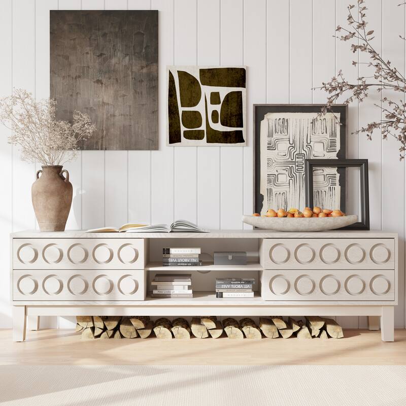 Modern Mid-Century TV Stand, for TVs Up to 75" with 4 Drawers and Cable Management, for Living Room and Office, White