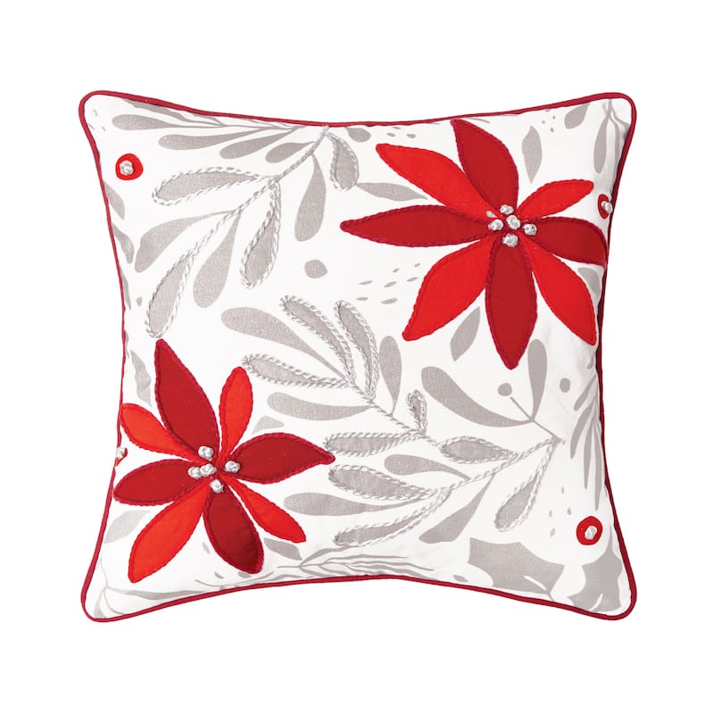 Poinsettia Christmas Printed & Embellished Throw Pillow