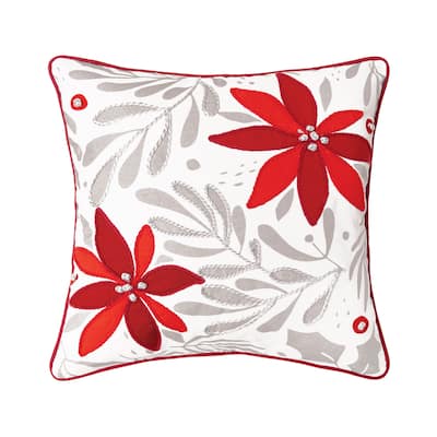 Poinsettia Christmas Printed & Embellished Throw Pillow