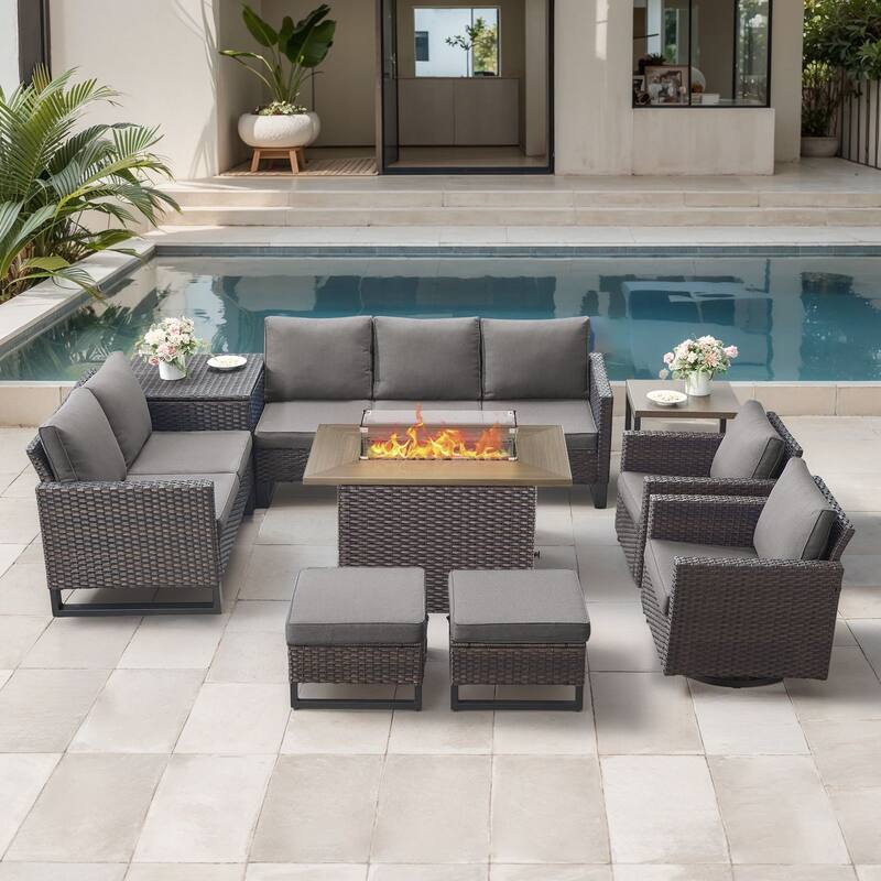 Gymojoy 9 Piece All-Weather Wicker Outdoor Patio Family Conversation Set Group With Fire Pit Table - Brown Wicker / Gray Cusion - 9-Piece