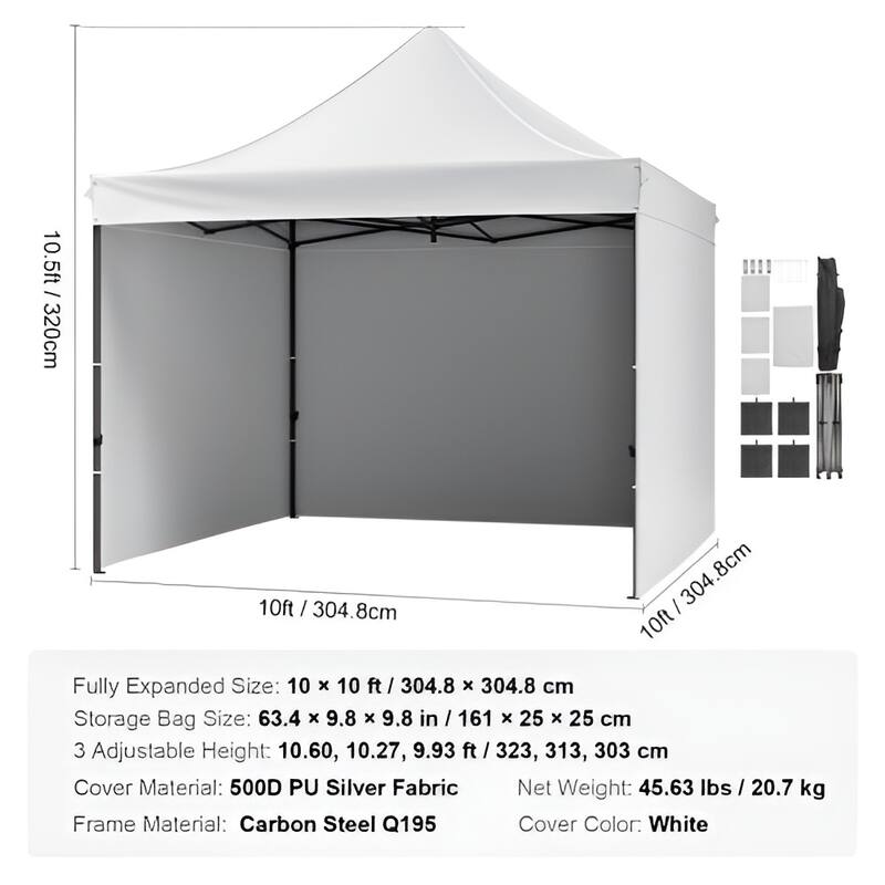 500D PU Coated Pop-Up Canopy Tent with Sidewalls and Carry Bag - 120” L x 120” W x 126” H