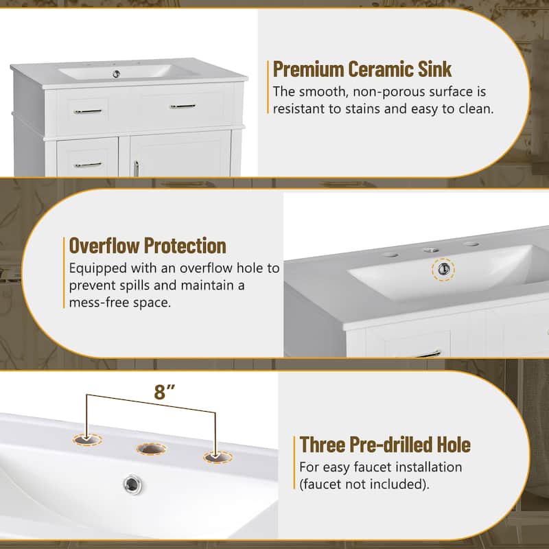 Traditional 30 Inch Bathroom Vanity with Sink, 3 Soft-Close Drawers, Adjustable Storage, Gold Hardware, Freestanding