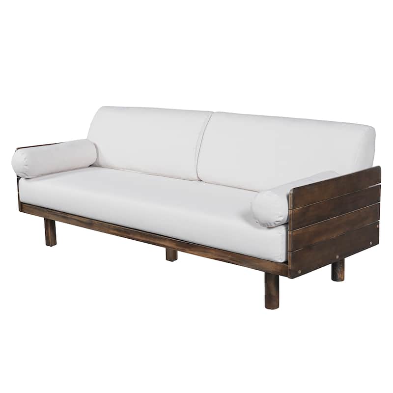 Christopher Knight Home - Mid-Century Acacia Wood Outdoor 3-Seater Patio Sofa with Water-Resistant Cushions and Bolster Pillows
