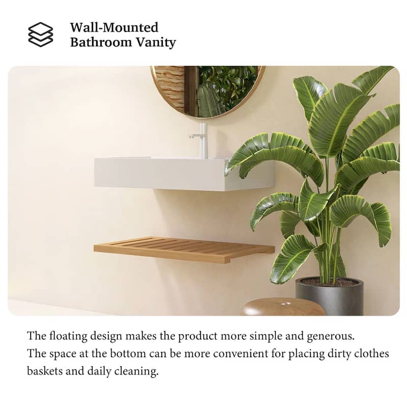 Wall-Mounted Bathroom Vanity in Natural Wood with White Integrated Acrylic Sink