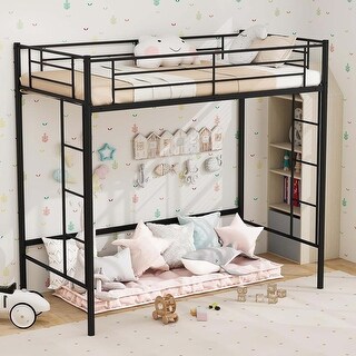 Heavy Duty Loft Bed Frame Metal Loft Bed Twin Size w/ Guardrail