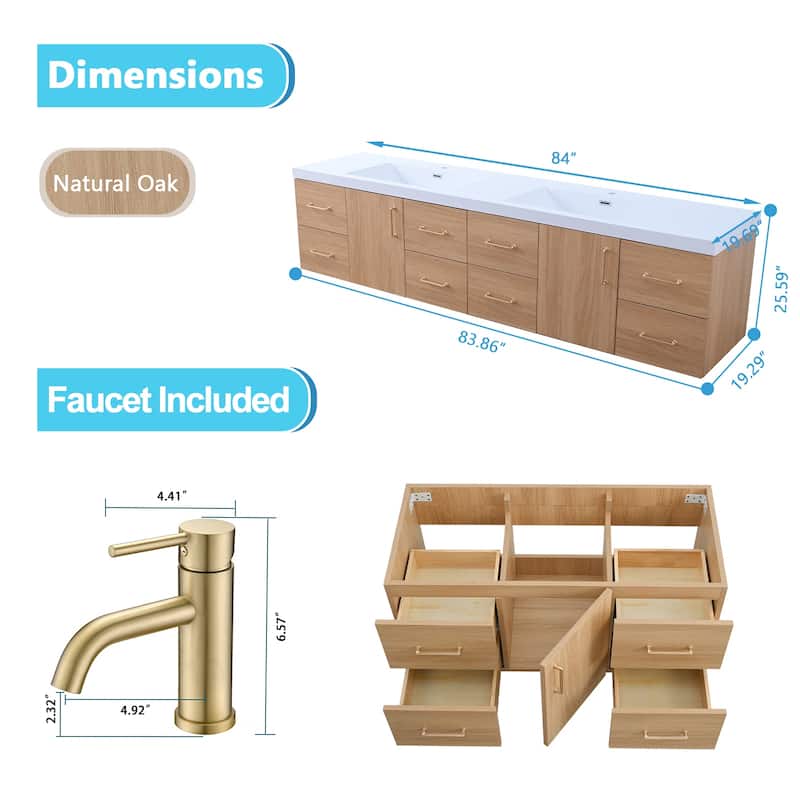 AlbyonD 72" 84" Floating Bathroom Vanity with Sink and Faucet, Natural Oak