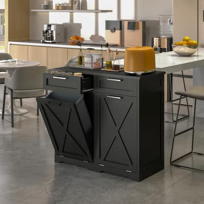 Kitchen Wooden Double Tilt Out Trash Can Cabinet with 2-Drawer Fits 10-Gallon Trash Cans