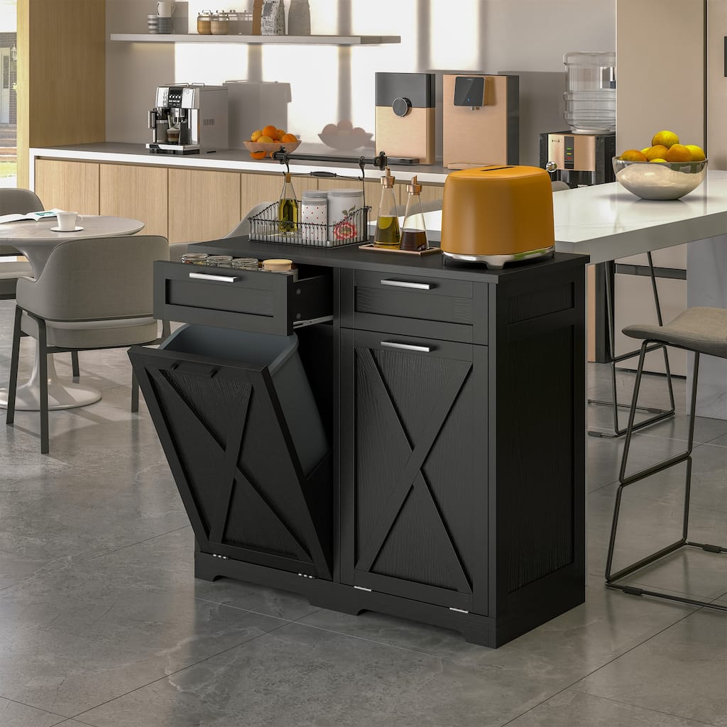 Kitchen Wooden Double Tilt Out Trash Can Cabinet with 2-Drawer Fits 10-Gallon Trash Cans