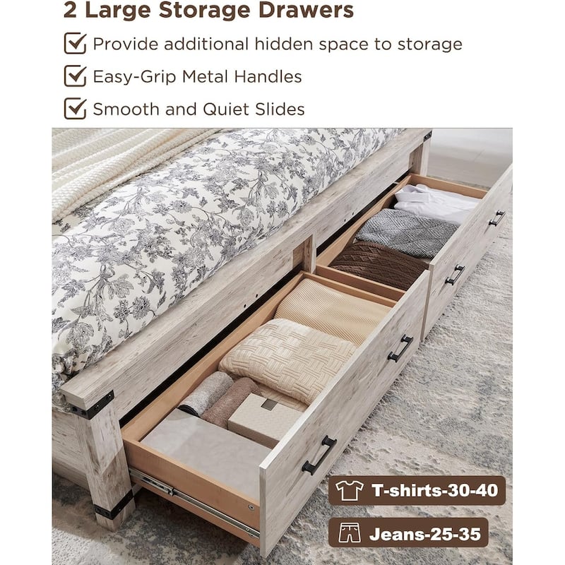Farmhouse Wood Bed Frame with 54" Tall Headboard, 2 Large Drawers