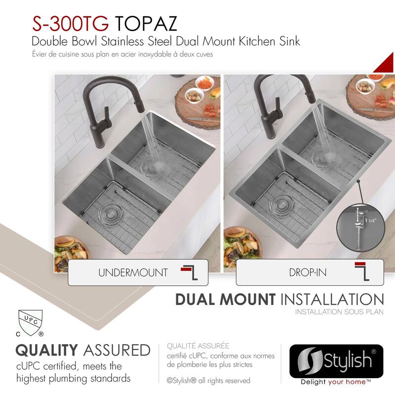 Stylish Dual Mount 28" Double-Bowl Stainless Steel Kitchen Sink S-300TG - 28" x 18" x 10"