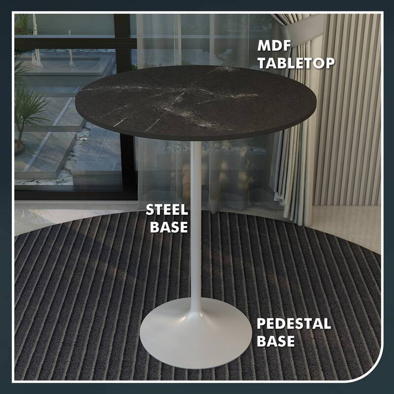 LeisureMod Verve 36" Round Dining Table with MDF Wood TableTop and White Steel Base for Kitchen & Dining Room