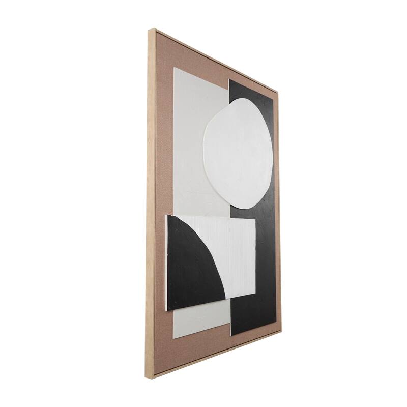Brown Wood Textured Geometric Framed Wall Art with Abstract Black and White Shapes and Fabric Backing