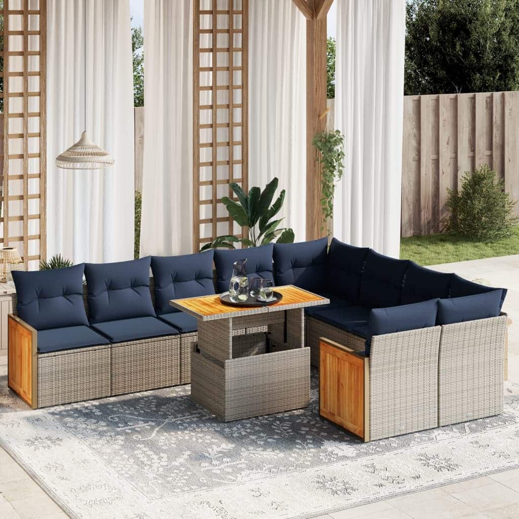 vidaXL 10 Piece Patio Sofa Set with Cushions Black/Gray Poly Rattan - 21.7 x 24.4 x 27.2