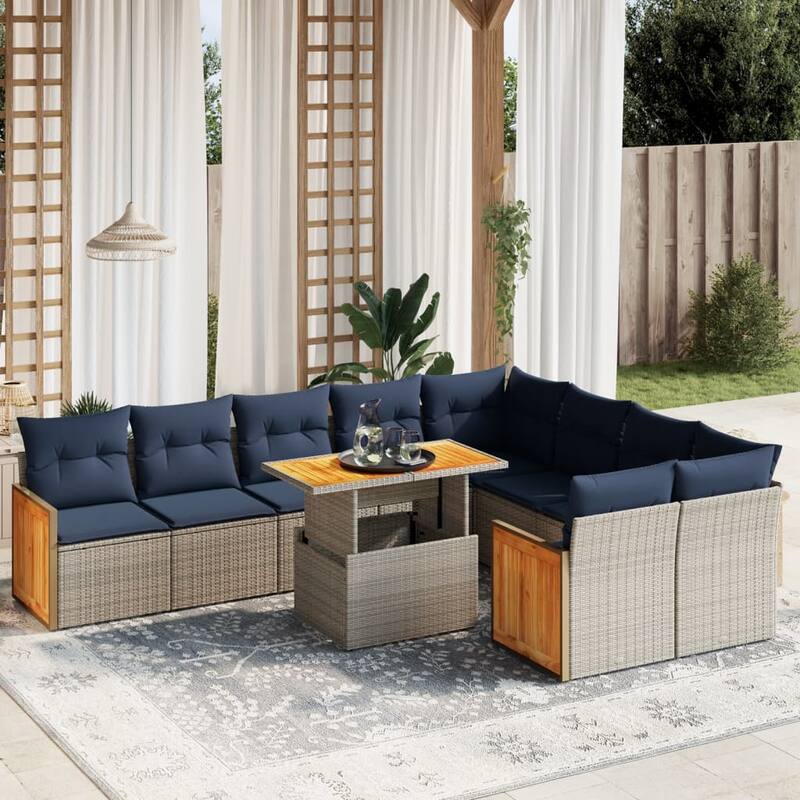 vidaXL 10 Piece Patio Sofa Set with Cushions Black/Gray Poly Rattan - 21.7 x 24.4 x 27.2 - Gray