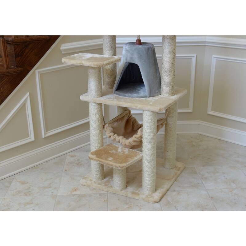 65" Real Wood Cat Tree With Sisal Rope, Hammock, soft-side playhouse - Beige-silver