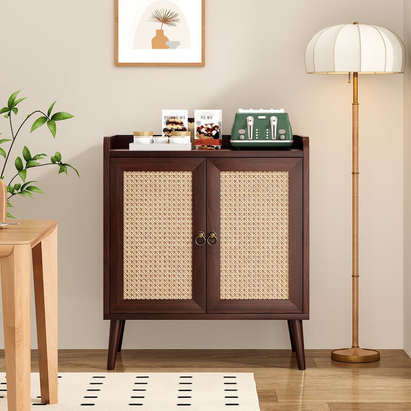 Sideboard Buffet Cabinet with Storage, Bar Liquor Cabinet with Rattan Decorated Doors, Credenza Console Tablefor Dining Room