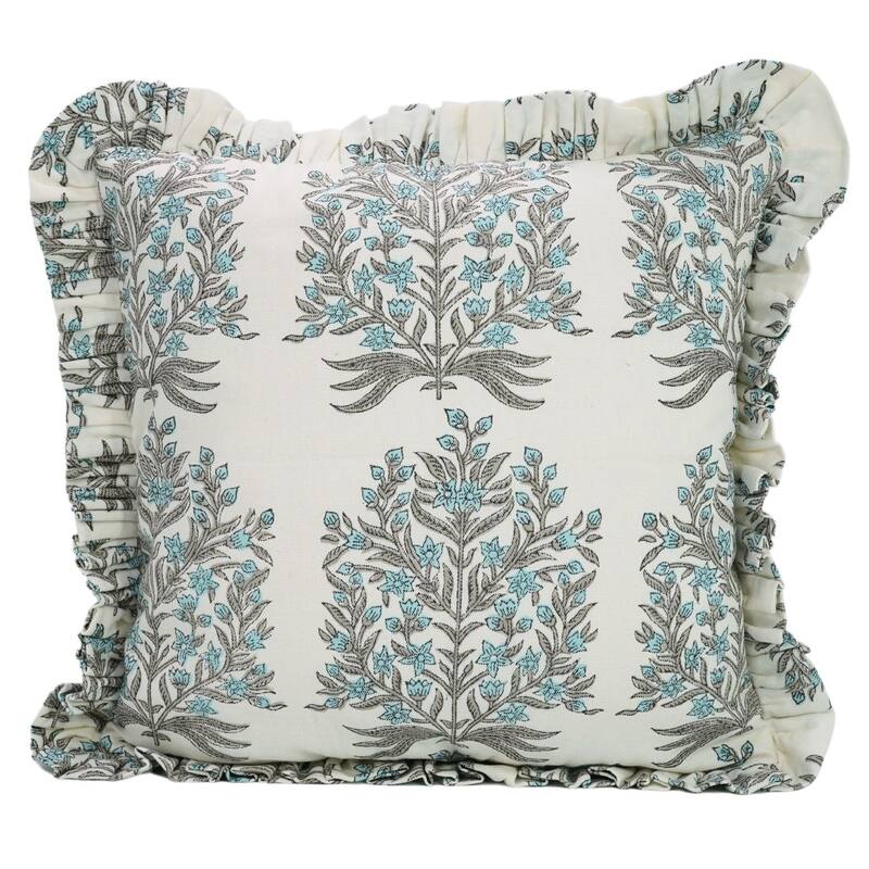 Indian Handblock Print Frill Cushion Cover by Fabdivine- VRINDAVAN - Pillow Covers - 22" x 22"