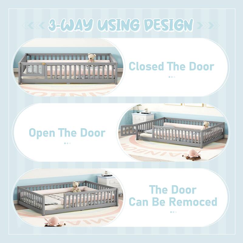 Gray Full Size Pine Wood Floor Bed with Safety Guardrails and Door for Kids, Boys, Girls, Bedroom