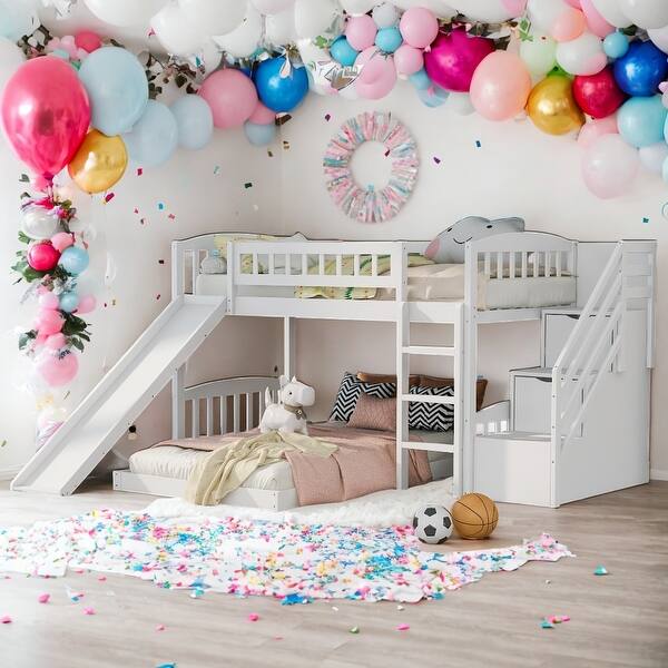 slide 2 of 10, Stairway Twin over Twin Bunk Bed with Two Drawers and Slide, White White - Twin